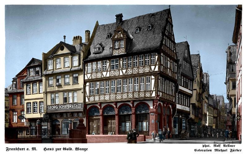 Haus zur Goldenen Waage in Frankfurt, Postkarte um 1900, koloriert